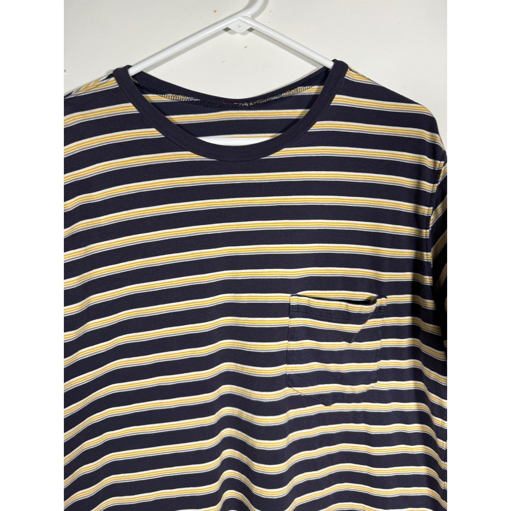 Mens Navy Blue and Yellow Striped Short Sleeve Pocket T-Shirt Crewneck Tee